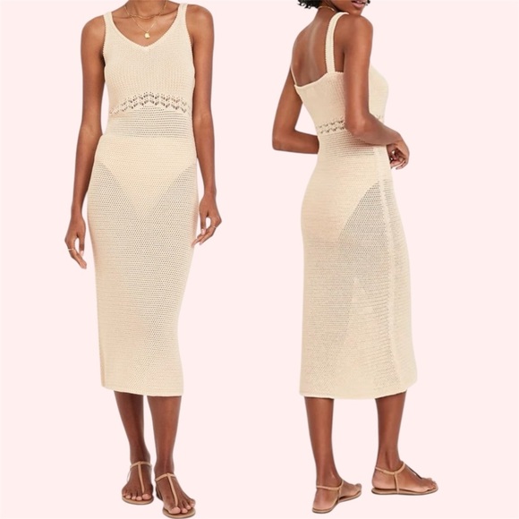 NWT Boho Old Navy Cream Crotchet Max Dress Sleeveless Sundress VNeck Cotton Knit - Picture 2 of 16